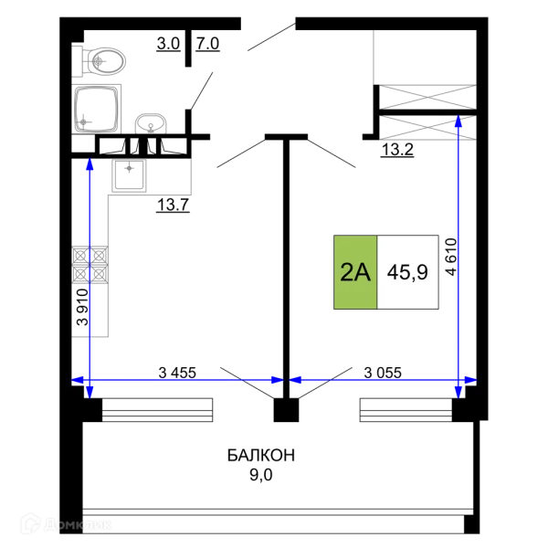 Планировка 2 комн. в ЖК Гостиничный комплекс «Мореград»