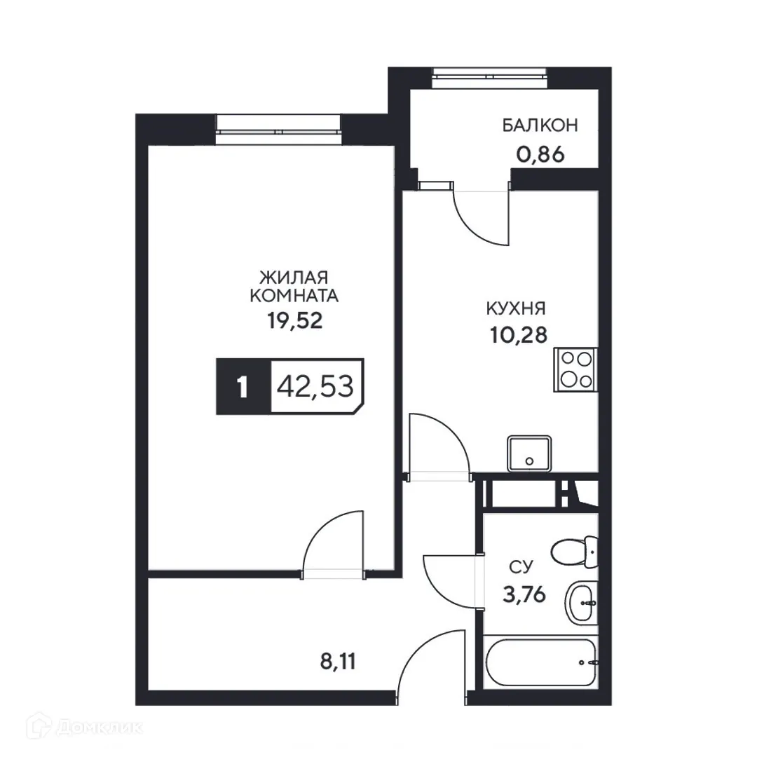Планировка 1-комнатной квартиры 42.53 м² в ЖК"Центральный", г. Анапа — фото 1