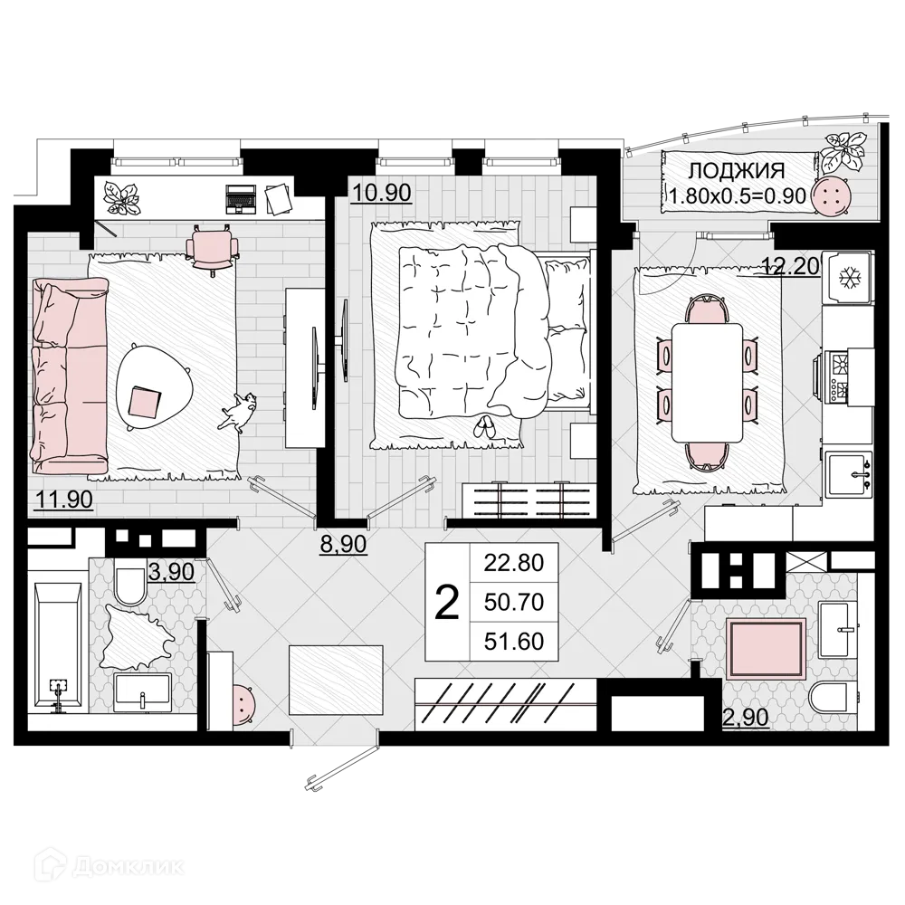 Планировка 2-комнатной квартиры 51.6 м² в ЖК Песчаный, г. Анапа — фото 1