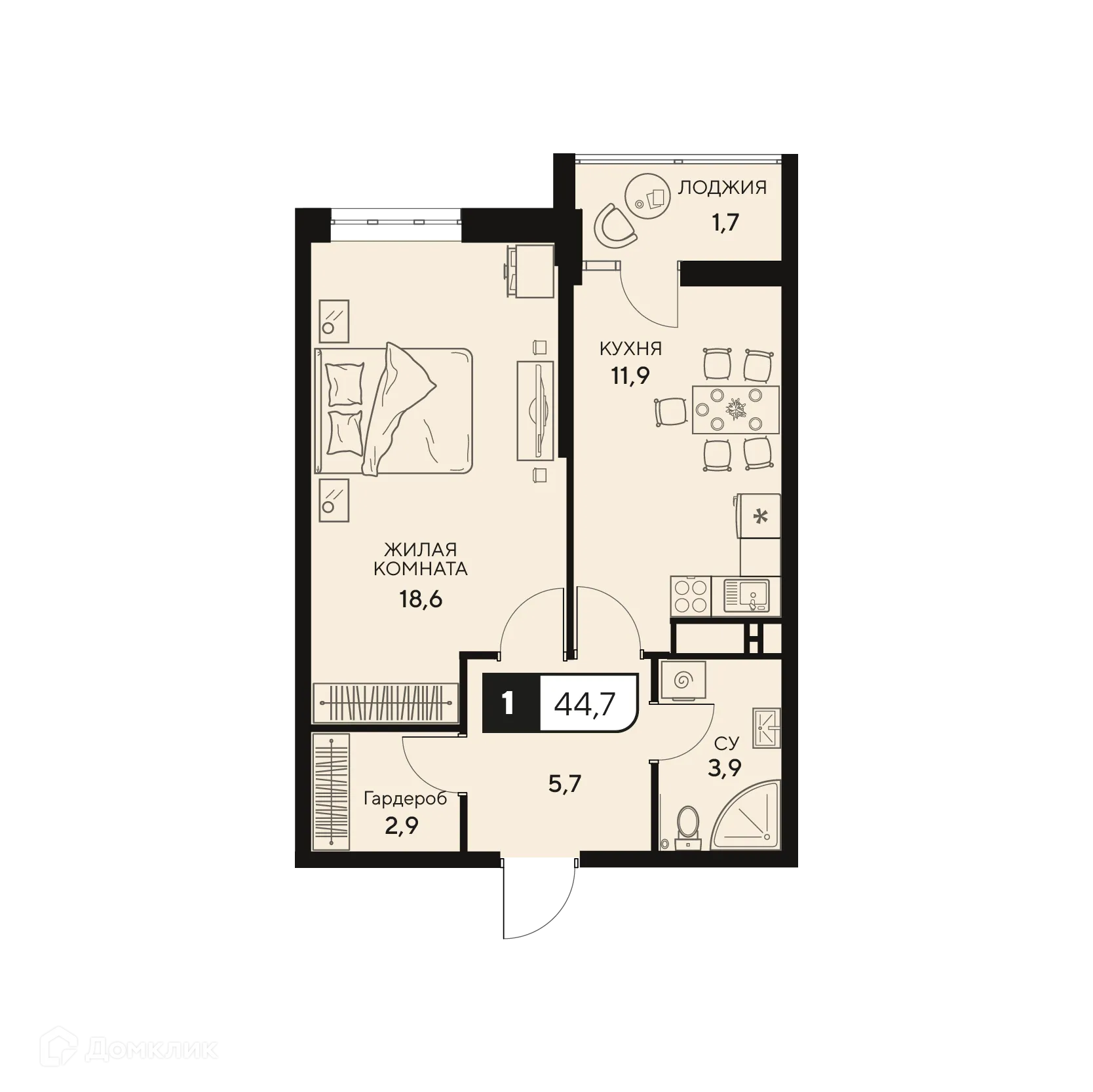 Планировка 1-комнатной квартиры 44.7 м² в ЖК Жилой комплекс "18/3", г. Анапа — фото 1