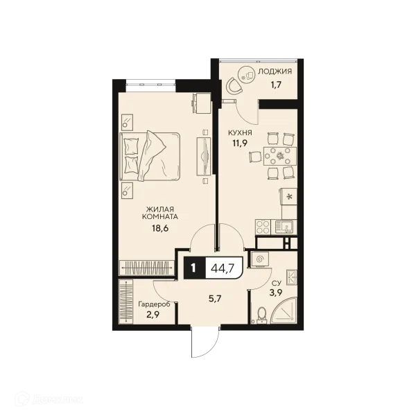 Планировка 1 комн. в ЖК Жилой комплекс "18/3"