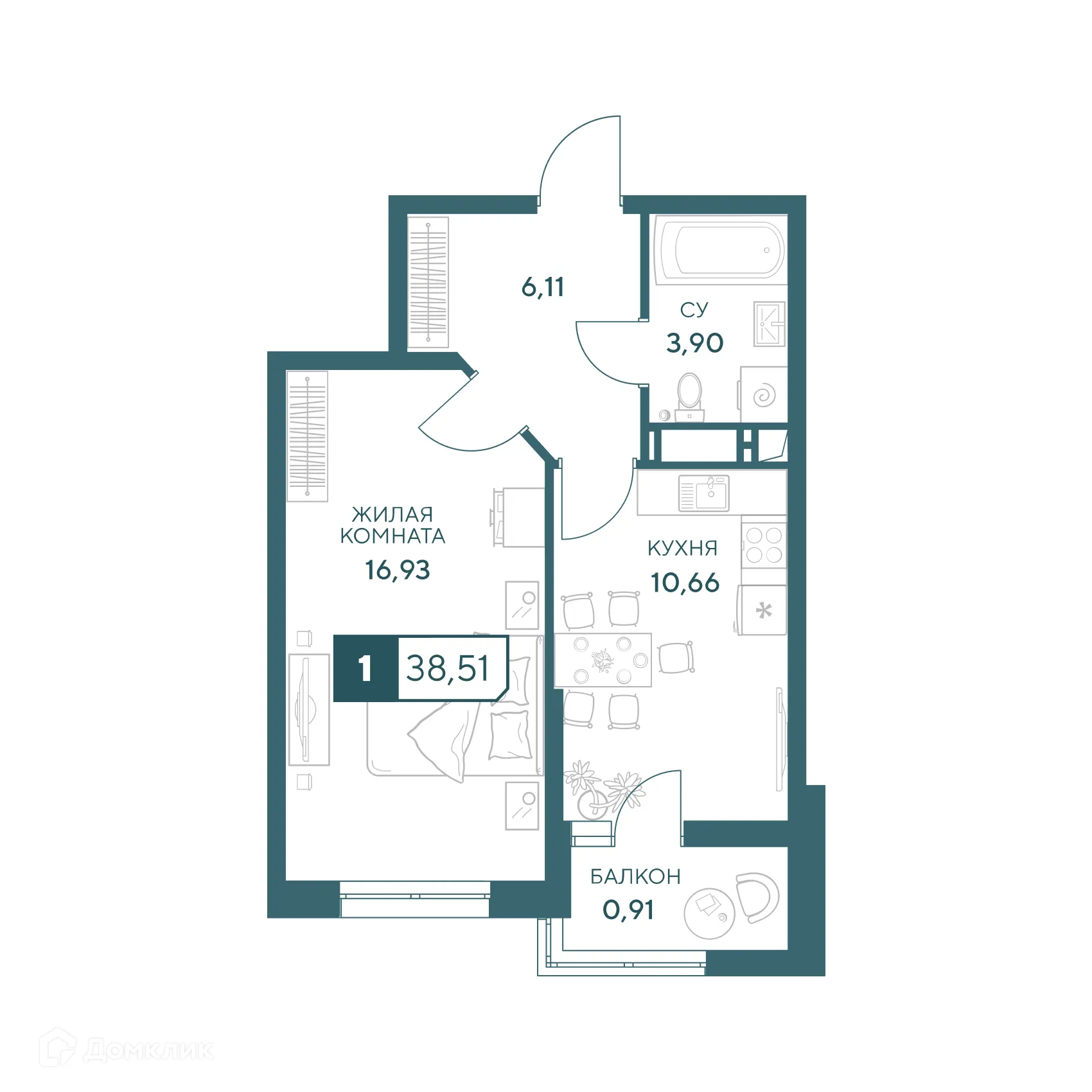 Планировка 1-комнатной квартиры 38.51 м² в ЖК"Центральный", г. Анапа — фото 1
