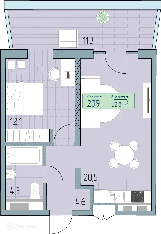 Планировка 2-комнатной квартиры 60.71 м² в ЖК Гостиничный комплекс Морелло, г. Анапа — фото 1