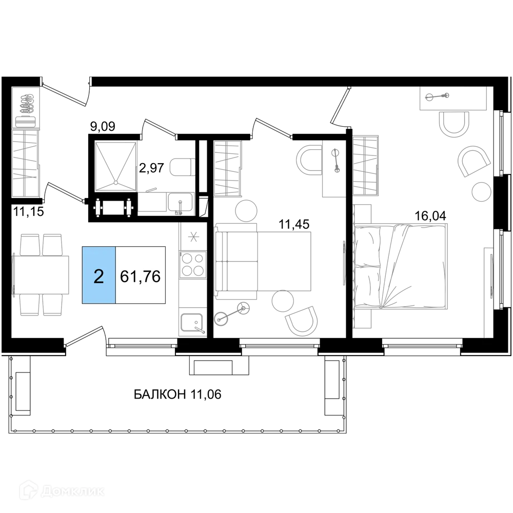 Планировка 1-комнатной квартиры 61.76 м² в ЖК Гостиничный комплекс "Корсаков", г. Анапа — фото 1