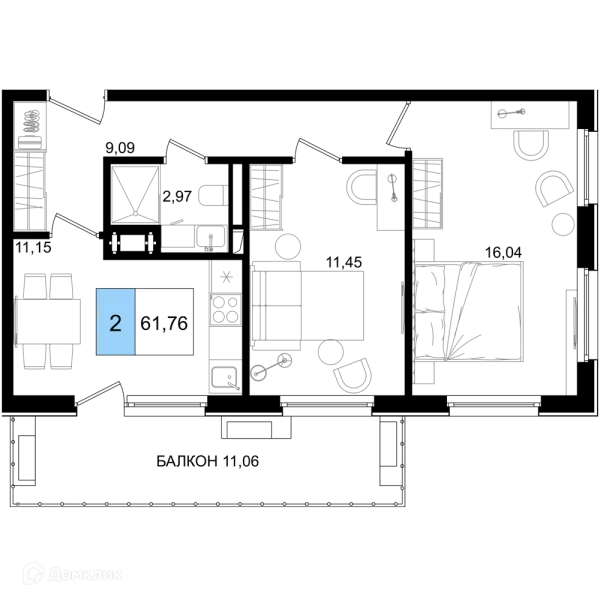 Планировка 1 комн. в ЖК Гостиничный комплекс "Корсаков"