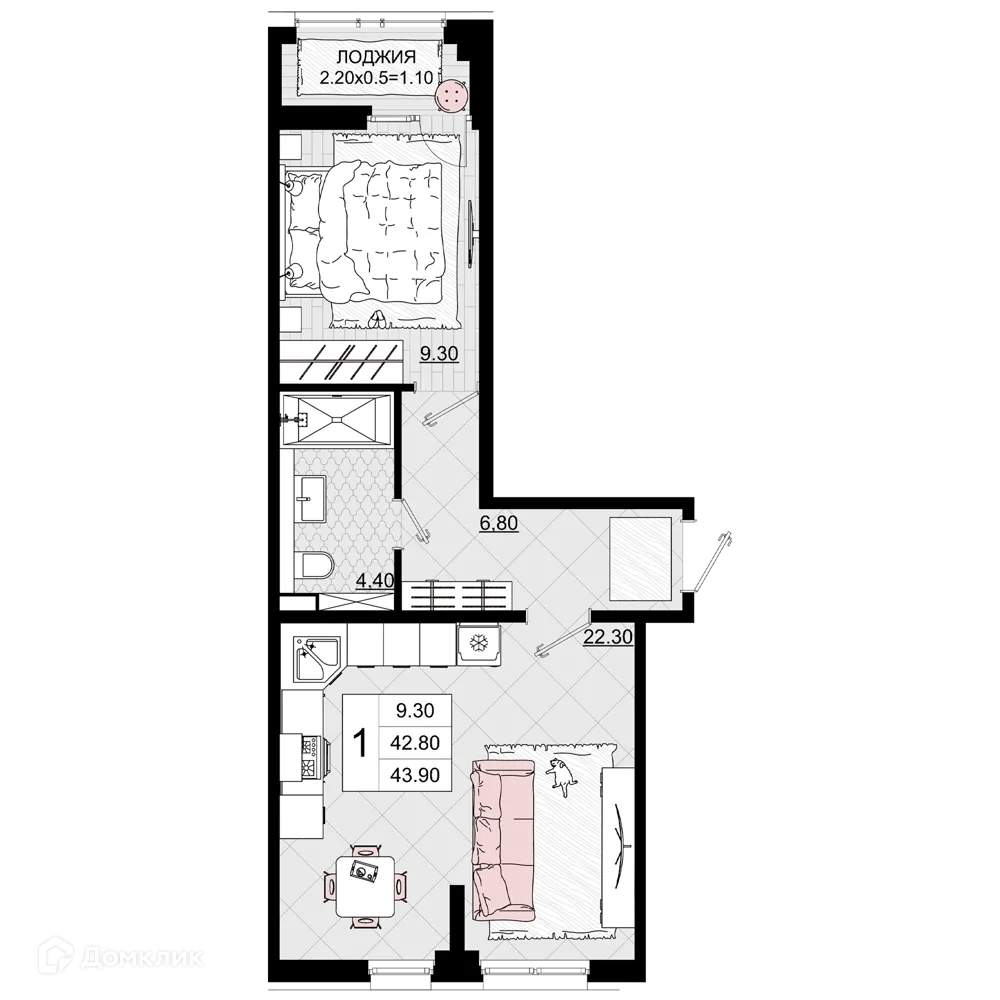 Планировка 1-комнатной квартиры 43.9 м² в ЖК Песчаный, г. Анапа — фото 1