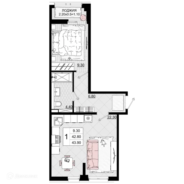 Планировка 1 комн. в ЖК Песчаный