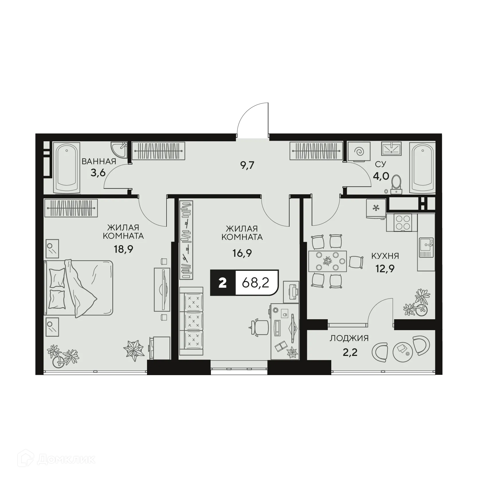 Планировка 2-комнатной квартиры 68.2 м² в ЖК Жилой комплекс "18/3", г. Анапа — фото 1