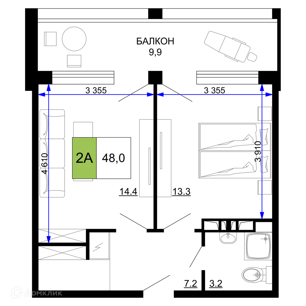 Планировка 2-комнатной квартиры 48 м² в ЖК Гостиничный комплекс «Мореград», г. Анапа — фото 1