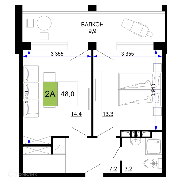 Планировка 2 комн. в ЖК Гостиничный комплекс «Мореград»