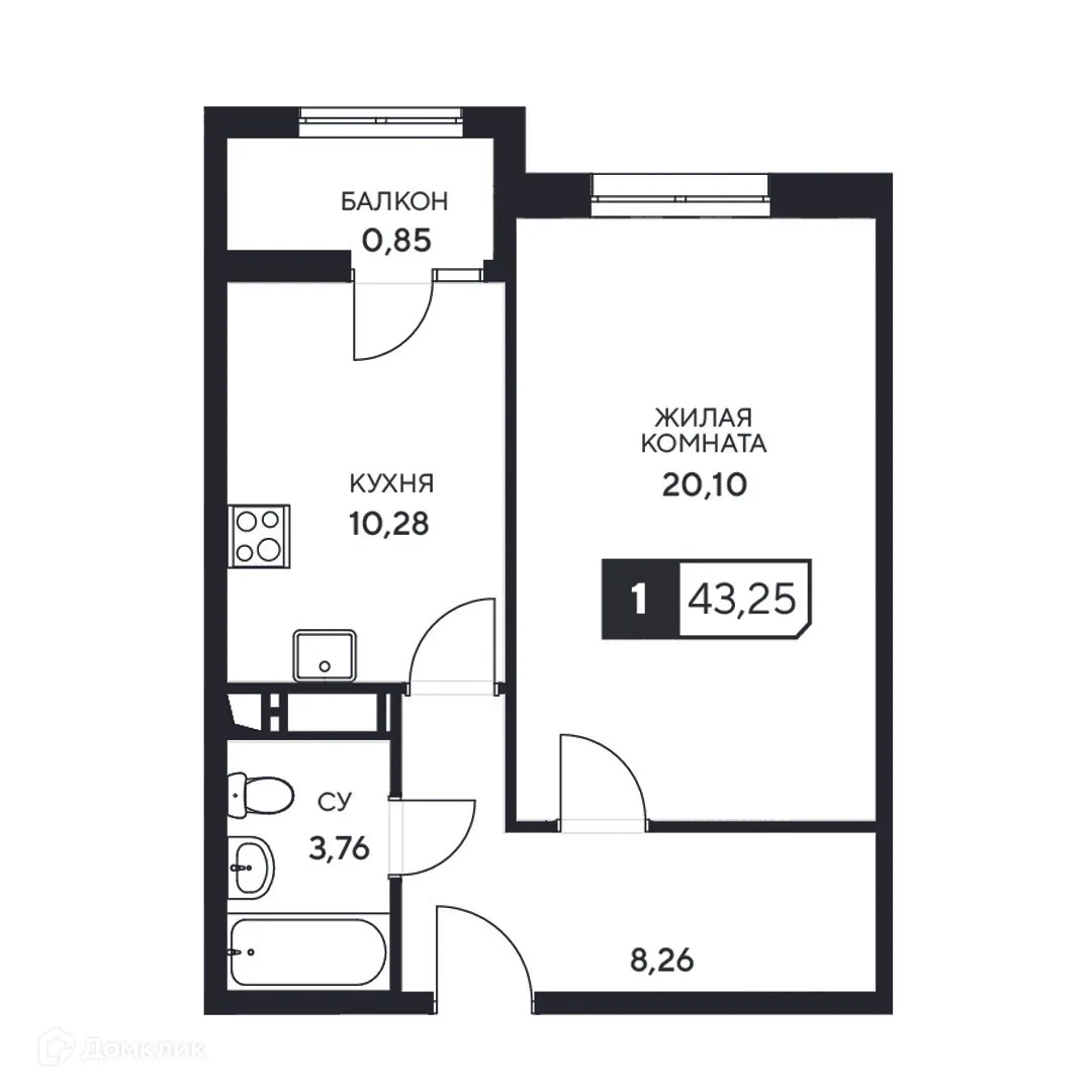 Планировка 1-комнатной квартиры 43.25 м² в ЖК"Центральный", г. Анапа — фото 1