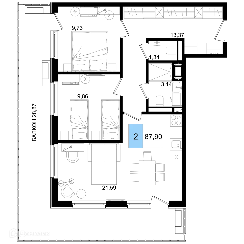 Планировка 3-комнатной квартиры 87.9 м² в ЖК Гостиничный комплекс "Корсаков", г. Анапа — фото 1