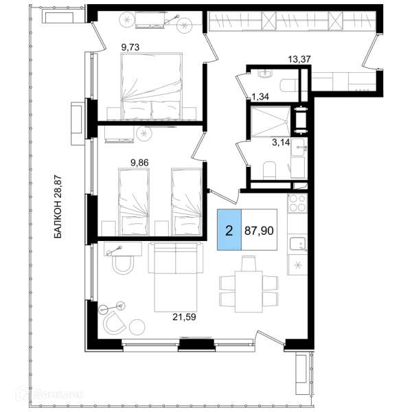 Планировка 3 комн. в ЖК Гостиничный комплекс "Корсаков"