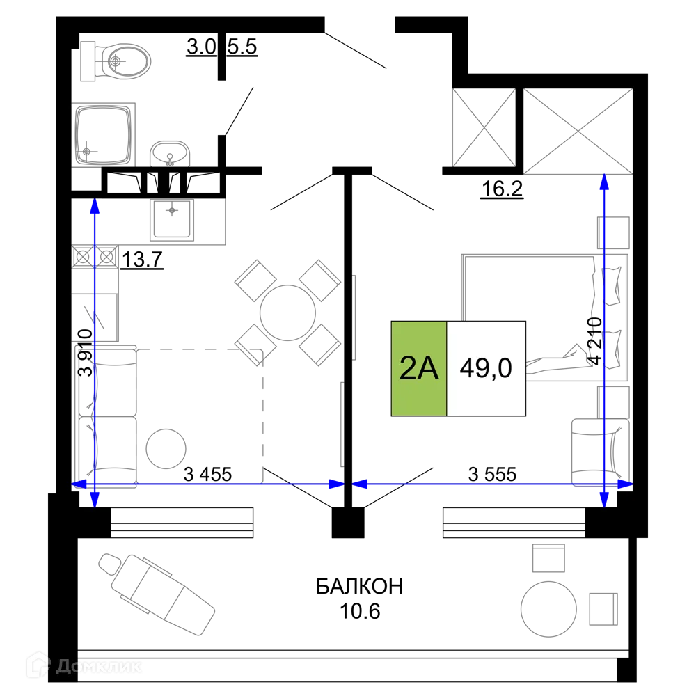 Планировка 2-комнатной квартиры 49 м² в ЖК Гостиничный комплекс «Мореград», г. Анапа — фото 1