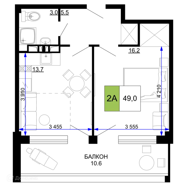 Планировка 2 комн. в ЖК Гостиничный комплекс «Мореград»