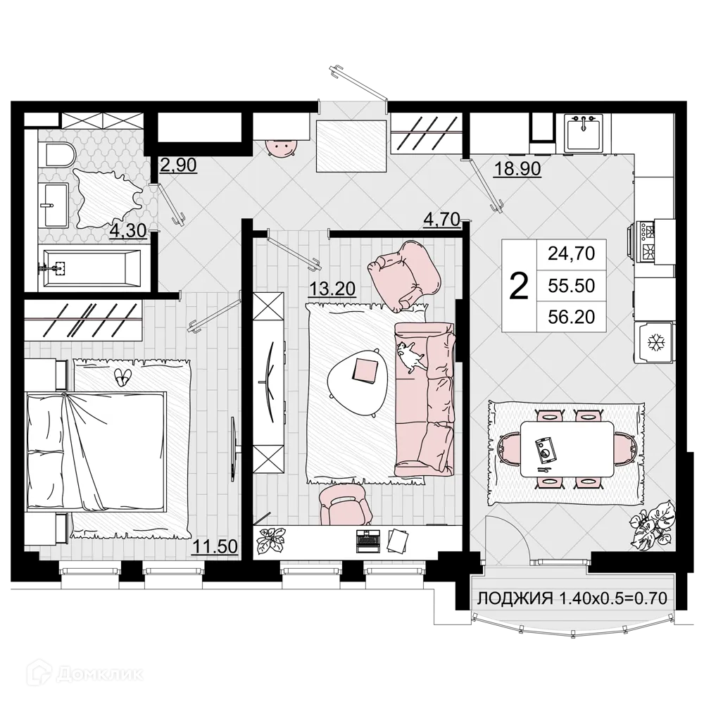 Планировка 2-комнатной квартиры 56.2 м² в ЖК Песчаный, г. Анапа — фото 1