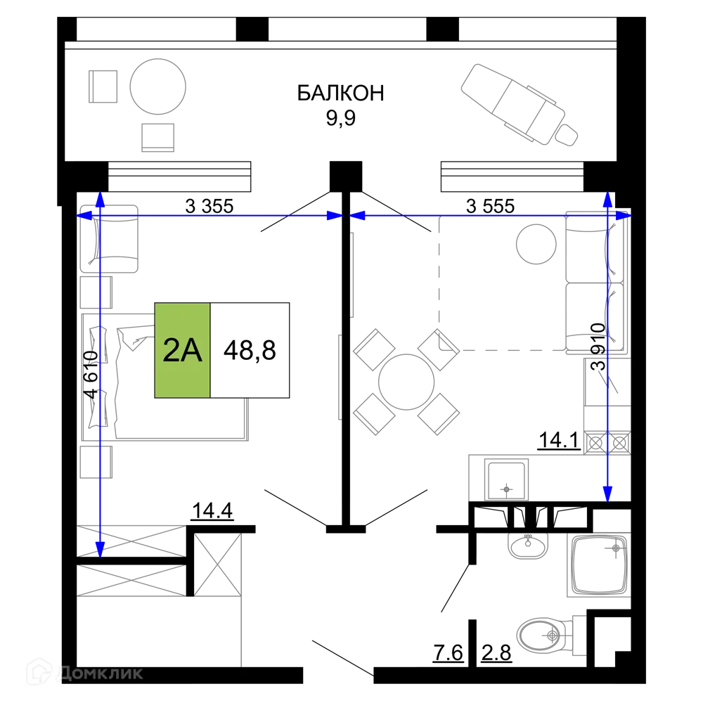 Планировка 2-комнатной квартиры 48.8 м² в ЖК Гостиничный комплекс «Мореград», г. Анапа — фото 1