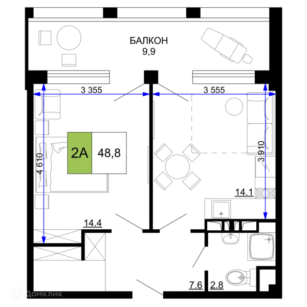 Планировка 2 комн. в ЖК Гостиничный комплекс «Мореград»