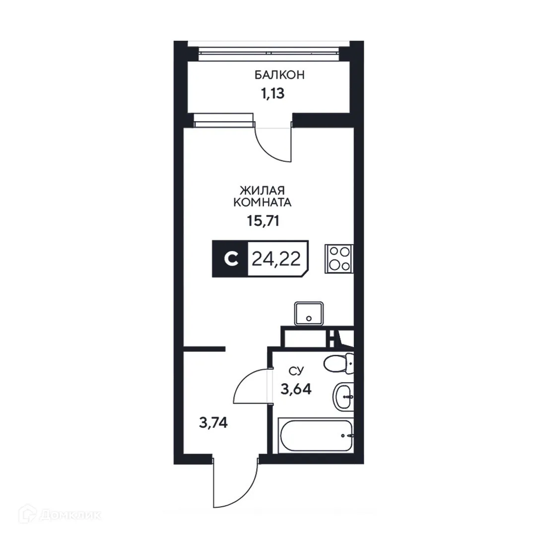 Планировка студии квартиры 24.22 м² в ЖК"Центральный", г. Анапа — фото 1