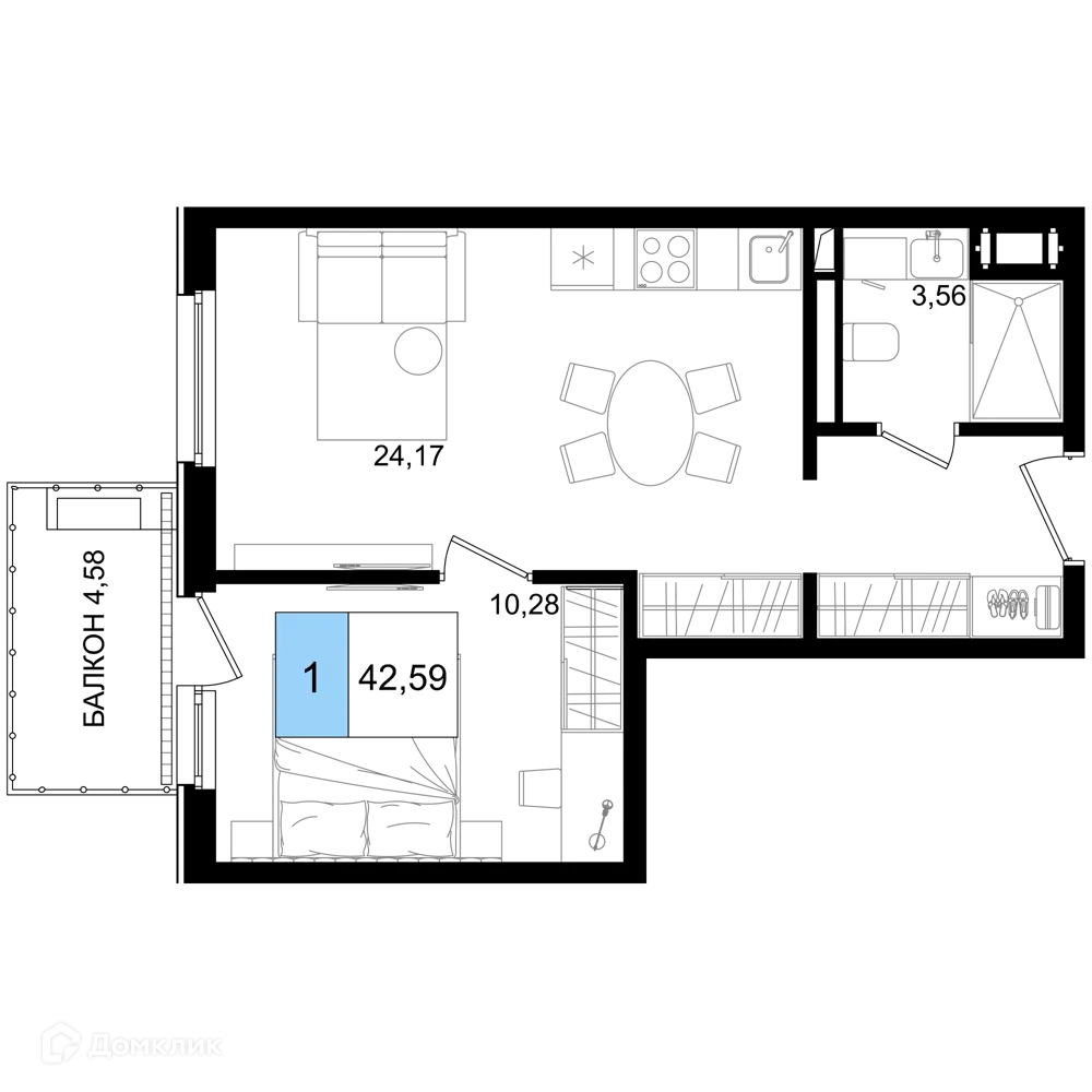 Планировка 1-комнатной квартиры 42.59 м² в ЖК Гостиничный комплекс "Корсаков", г. Анапа — фото 1
