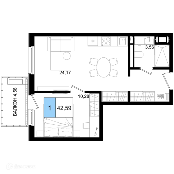 Планировка 1 комн. в ЖК Гостиничный комплекс "Корсаков"