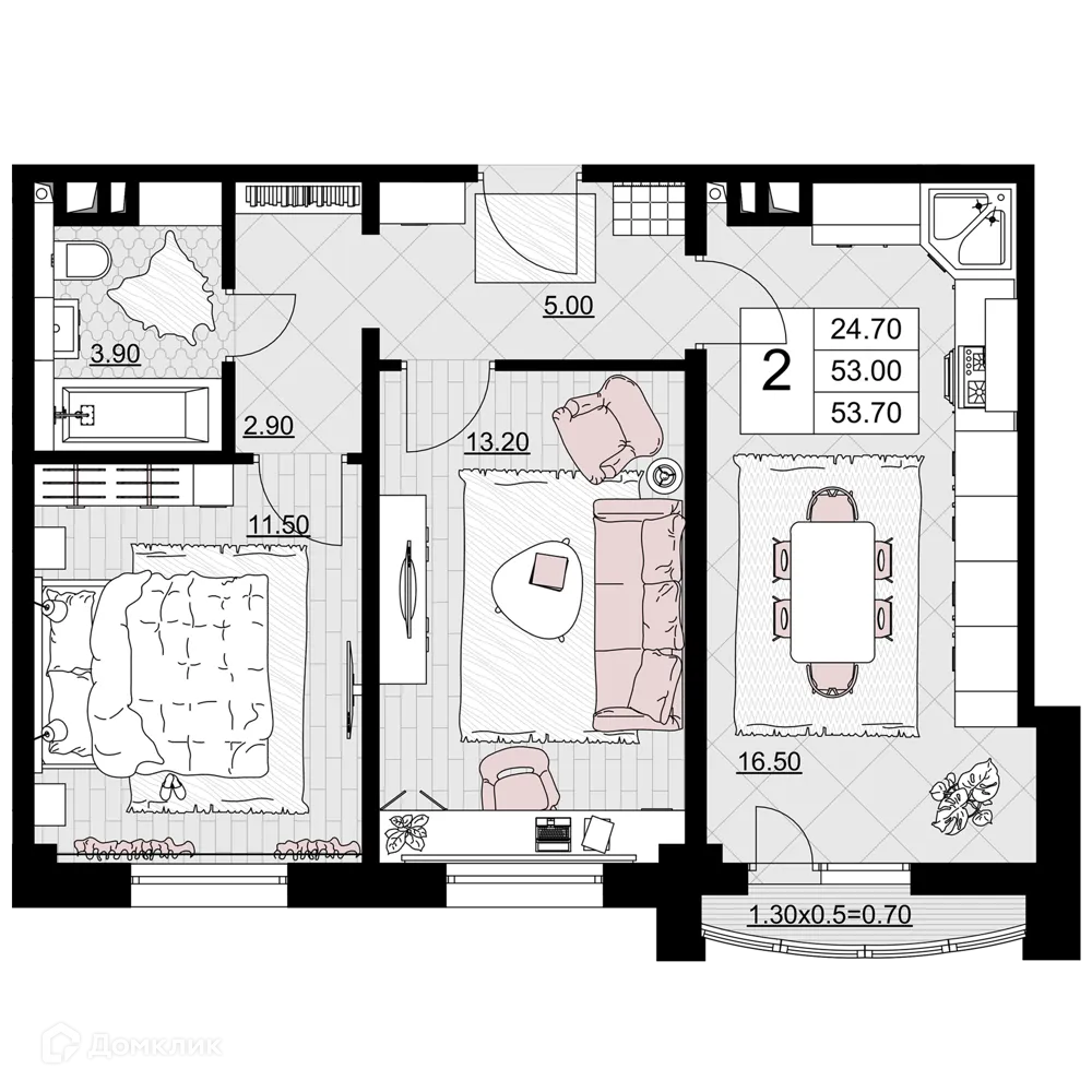 Планировка 2-комнатной квартиры 53.7 м² в ЖК Песчаный, г. Анапа — фото 1