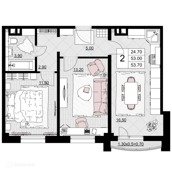 Планировка 2 комн. в ЖК Песчаный