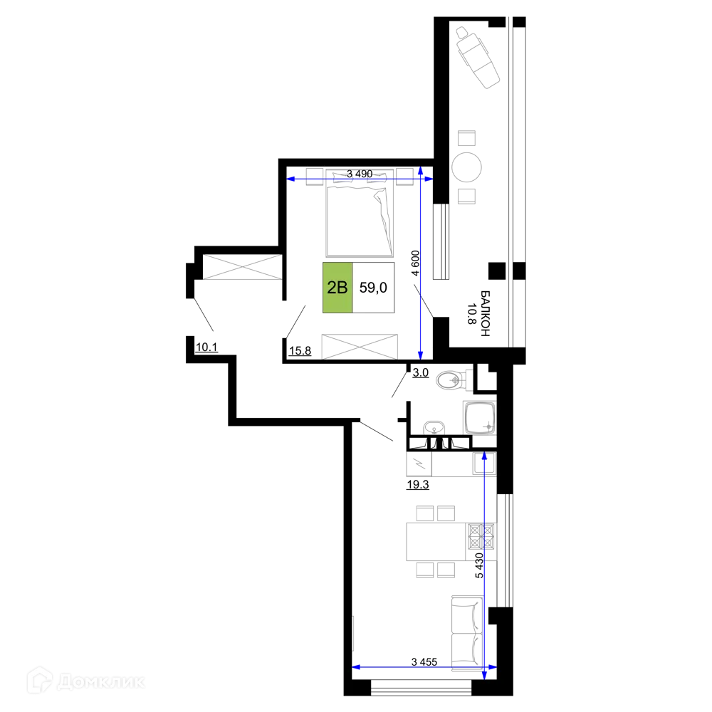 Планировка 2-комнатной квартиры 59 м² в ЖК Гостиничный комплекс «Мореград», г. Анапа — фото 1