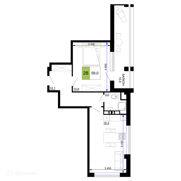 Планировка 2 комн. в ЖК Гостиничный комплекс «Мореград»