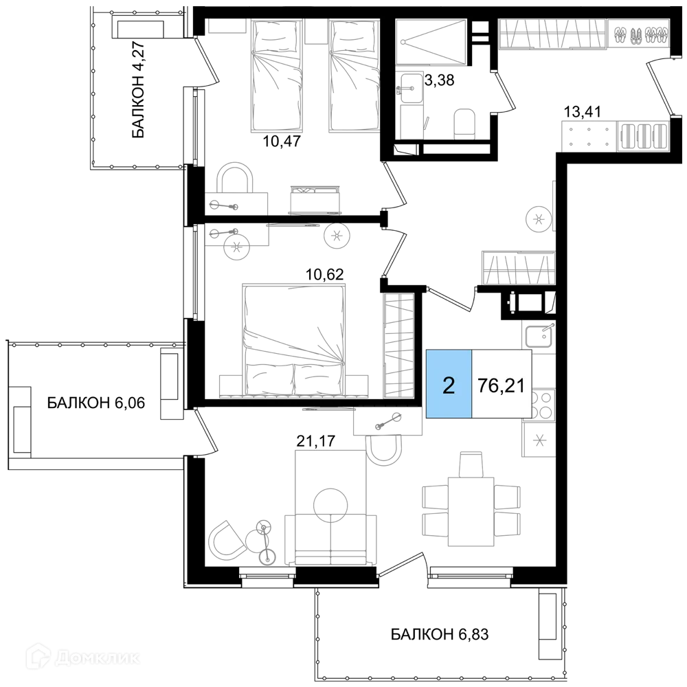 Планировка 2-комнатной квартиры 76.21 м² в ЖК Гостиничный комплекс "Корсаков", г. Анапа — фото 1