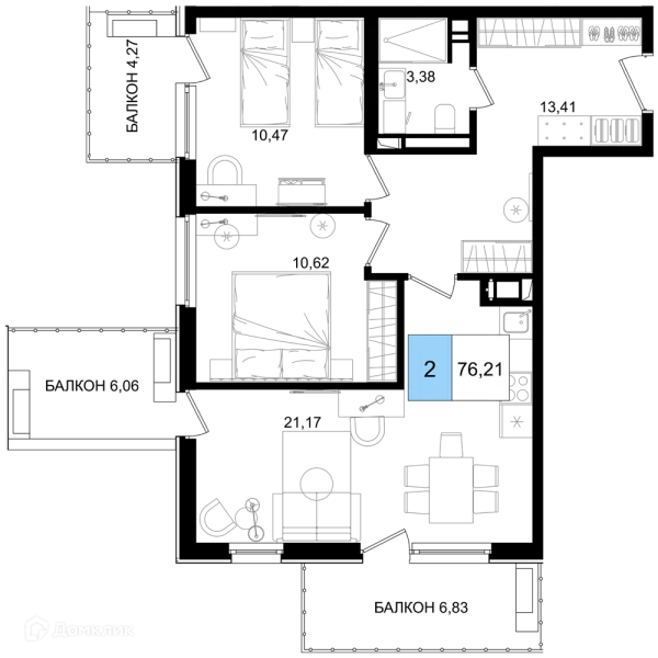 Планировка 2 комн. в ЖК Гостиничный комплекс "Корсаков"