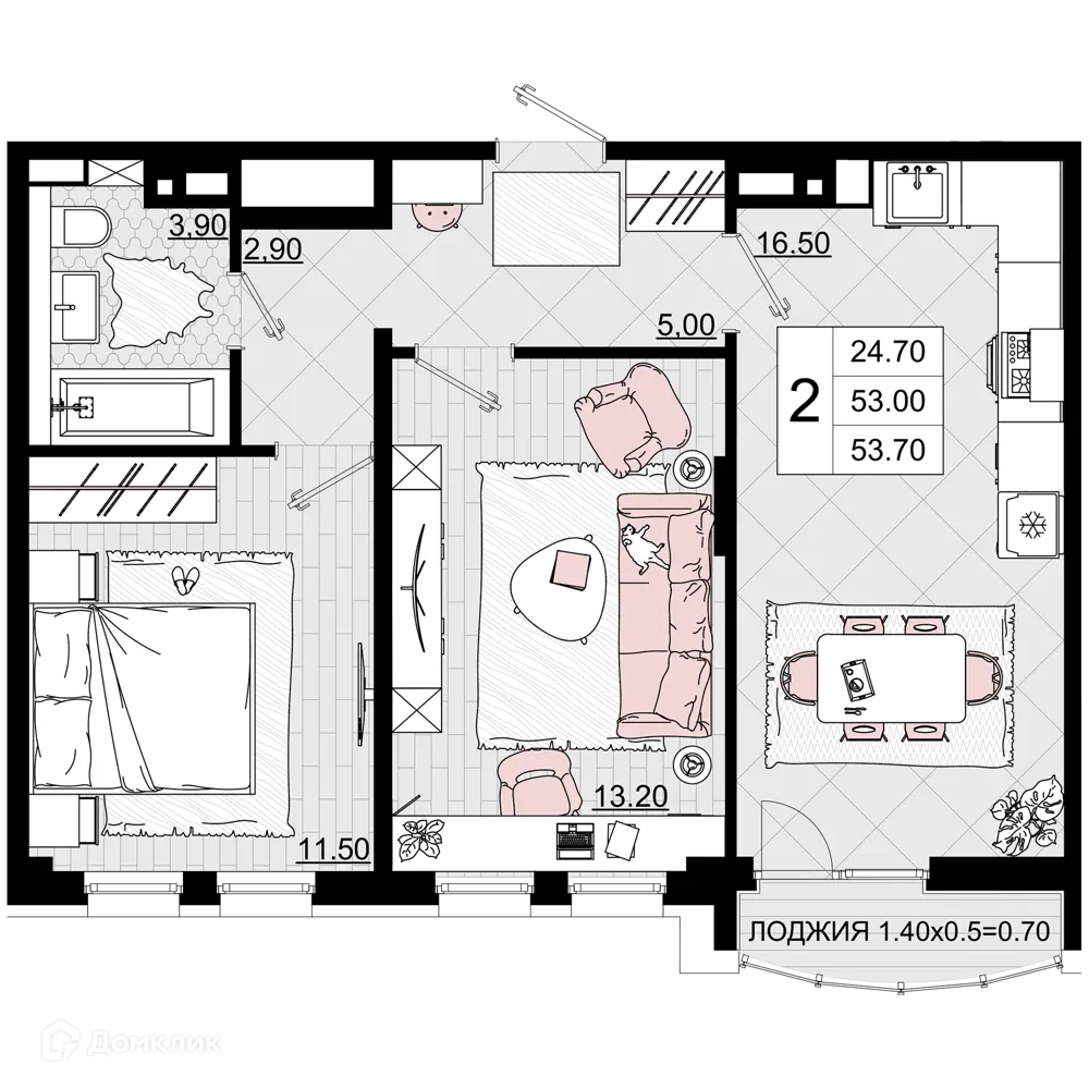 Планировка 2-комнатной квартиры 53.7 м² в ЖК Песчаный, г. Анапа — фото 1