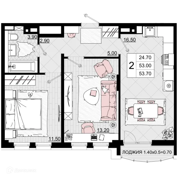 Планировка 2 комн. в ЖК Песчаный