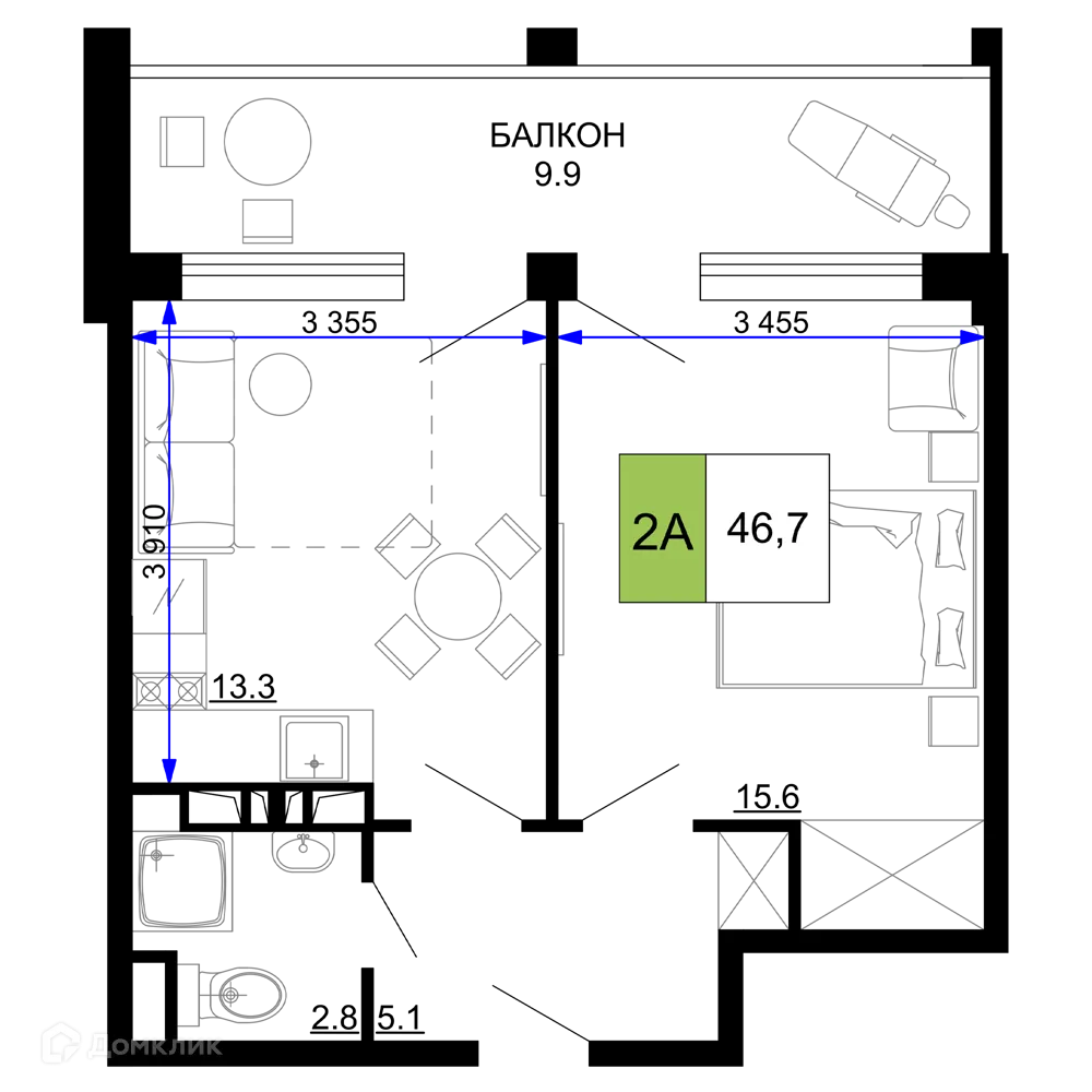 Планировка 2-комнатной квартиры 46.7 м² в ЖК Гостиничный комплекс «Мореград», г. Анапа — фото 1