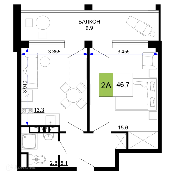 Планировка 2 комн. в ЖК Гостиничный комплекс «Мореград»