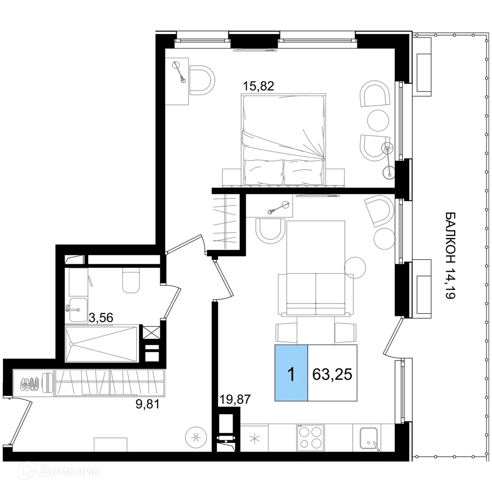 Планировка 1-комнатной квартиры 63.25 м² в ЖК Гостиничный комплекс "Корсаков", г. Анапа — фото 1
