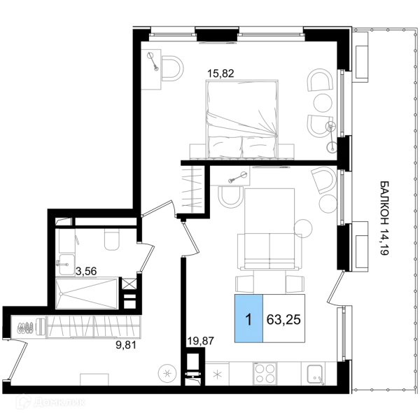 Планировка 1 комн. в ЖК Гостиничный комплекс "Корсаков"