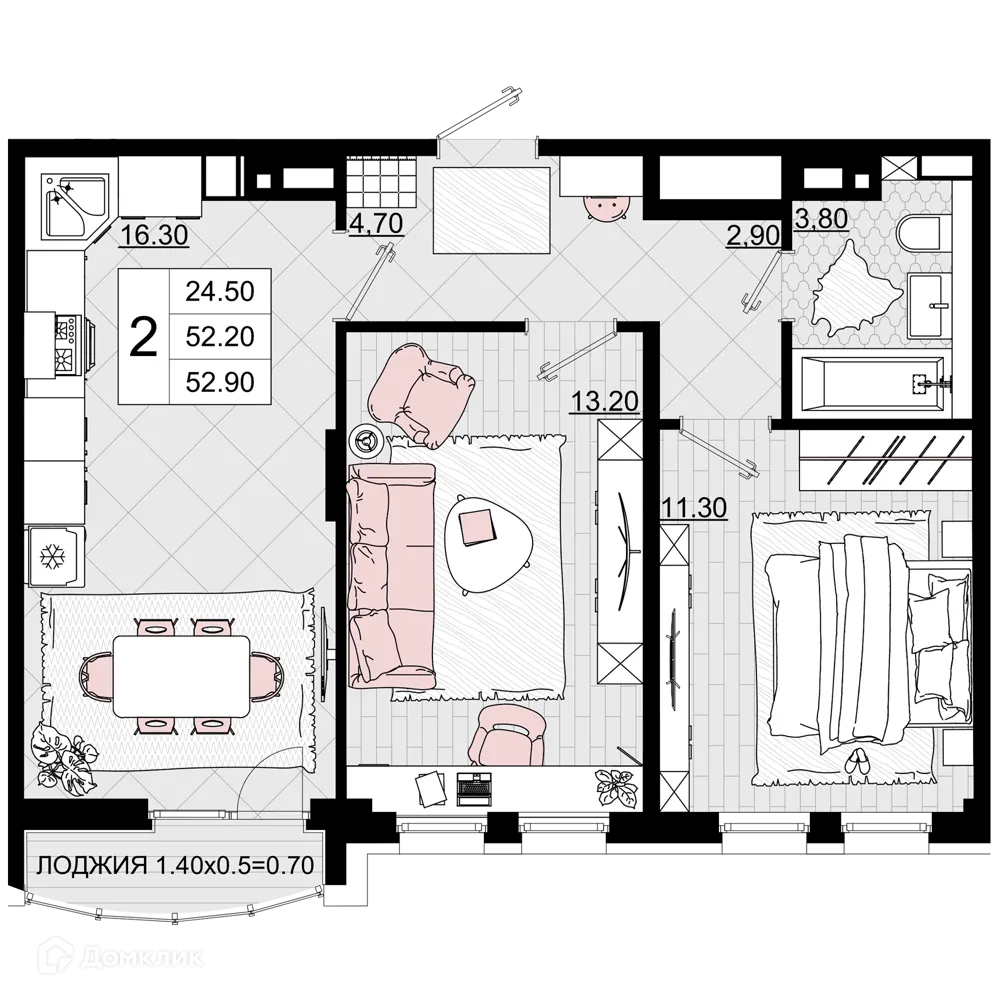 Планировка 2-комнатной квартиры 52.9 м² в ЖК Песчаный, г. Анапа — фото 1