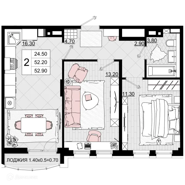 Планировка 2 комн. в ЖК Песчаный