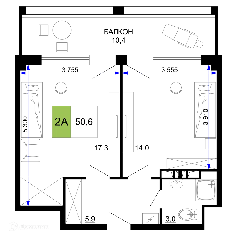 Планировка 2-комнатной квартиры 50.6 м² в ЖК Гостиничный комплекс «Мореград», г. Анапа — фото 1