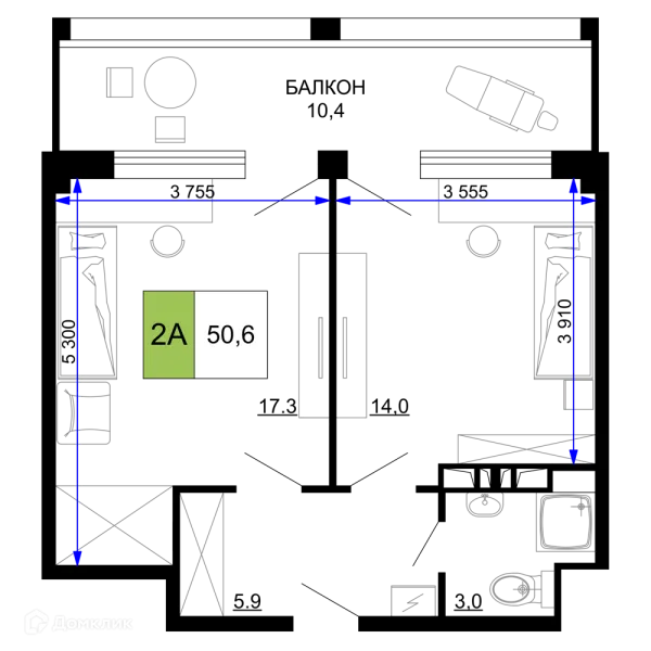 Планировка 2 комн. в ЖК Гостиничный комплекс «Мореград»