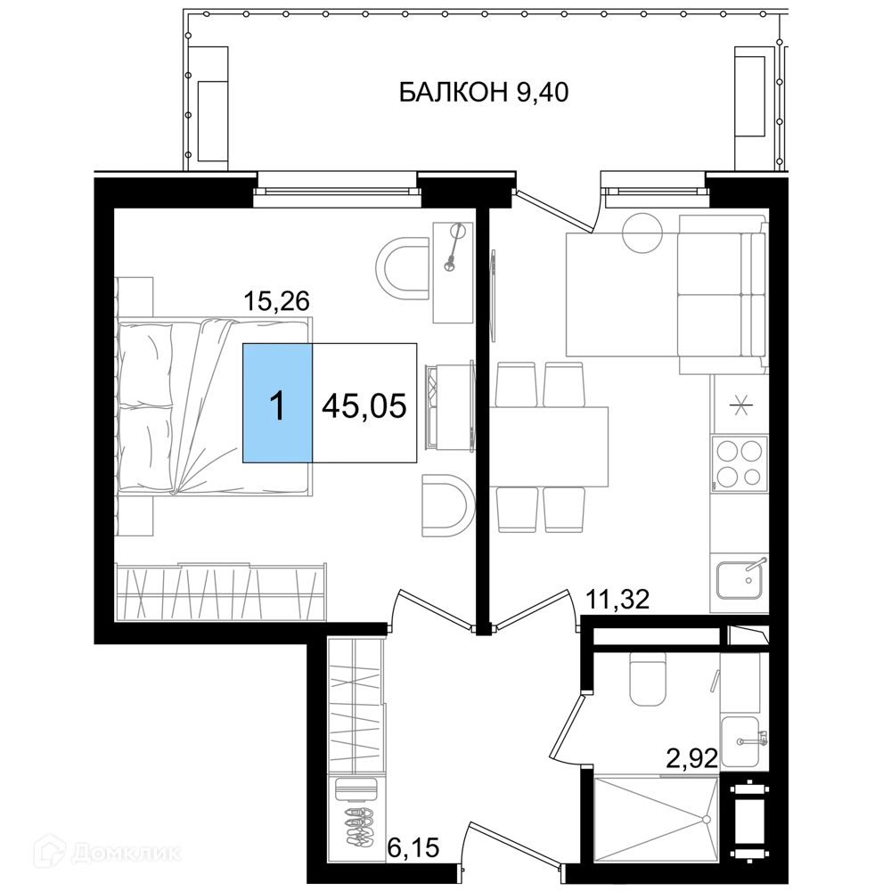 Планировка 1-комнатной квартиры 45.05 м² в ЖК Гостиничный комплекс "Корсаков", г. Анапа — фото 1