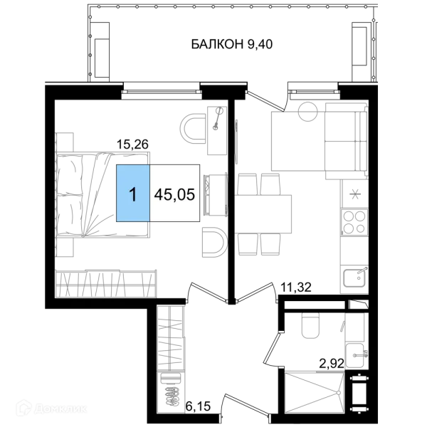Планировка 1 комн. в ЖК Гостиничный комплекс "Корсаков"
