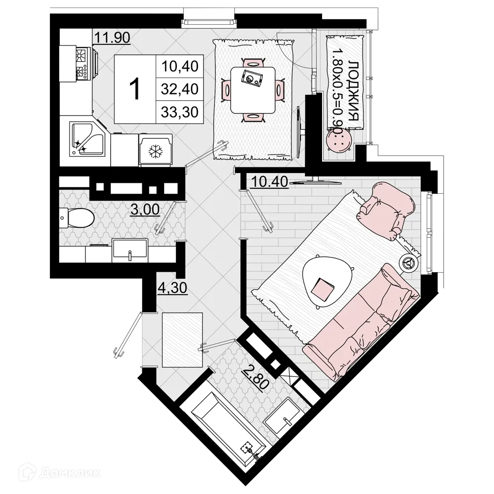 Планировка 1-комнатной квартиры 33.3 м² в ЖК Песчаный, г. Анапа — фото 1