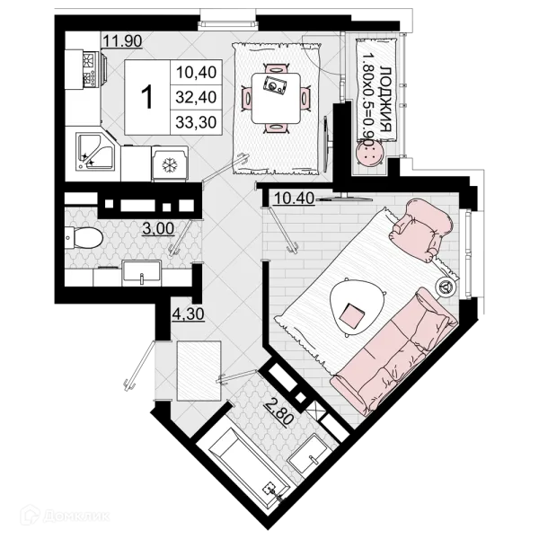 Планировка 1 комн. в ЖК Песчаный