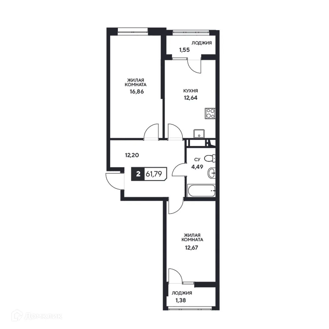 Планировка 2-комнатной квартиры 61.79 м² в ЖК"Центральный", г. Анапа — фото 1