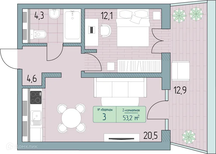 Планировка 2-комнатной квартиры 63.43 м² в ЖК Гостиничный комплекс Морелло, г. Анапа — фото 1