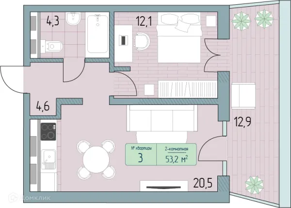 Планировка 2 комн. в ЖК Гостиничный комплекс Морелло