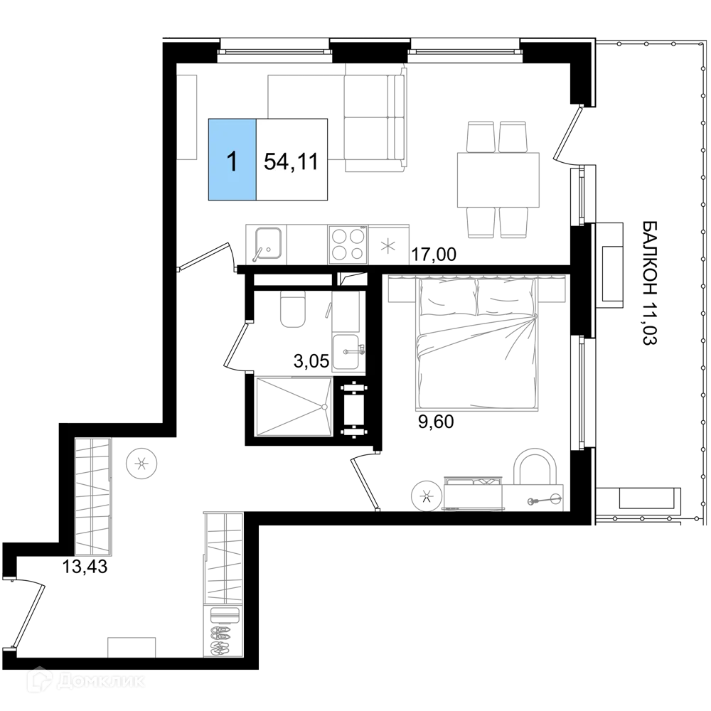 Планировка 1-комнатной квартиры 54.11 м² в ЖК Гостиничный комплекс "Корсаков", г. Анапа — фото 1