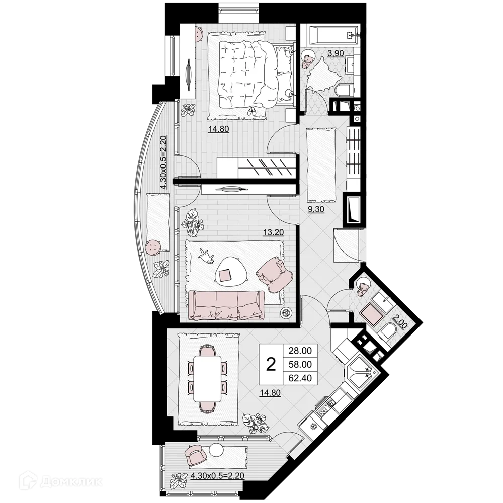 Планировка 2-комнатной квартиры 62.4 м² в ЖК Песчаный, г. Анапа — фото 1